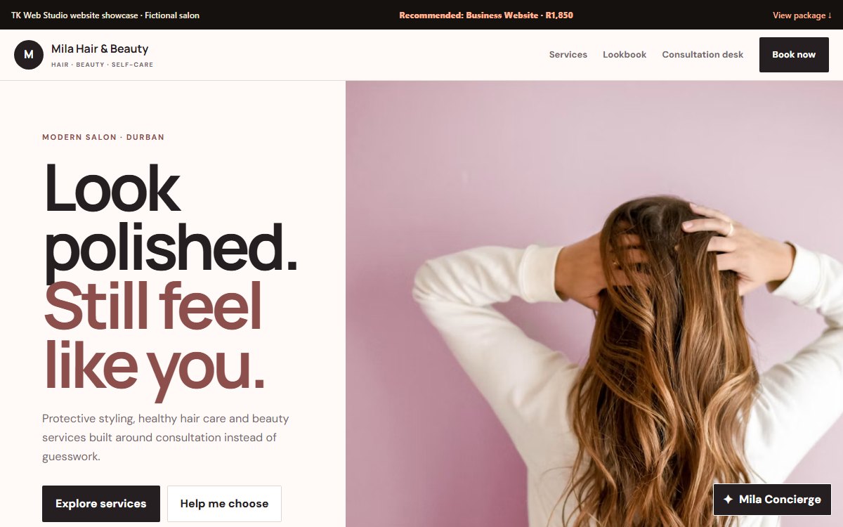 Real screenshot of the Mila Hair and Beauty concept website