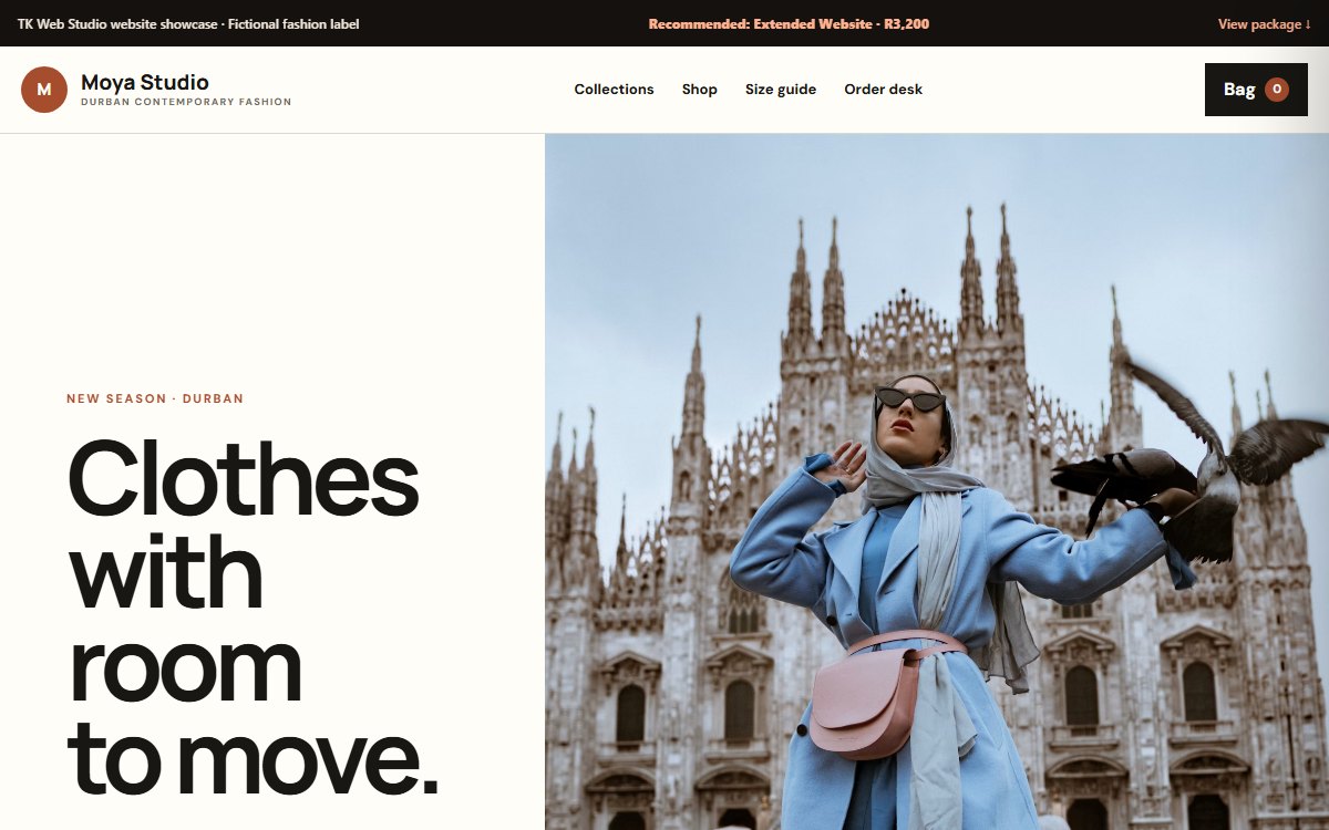 Real screenshot of the Moya Studio concept website