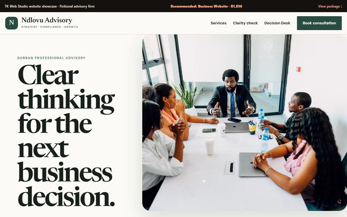 Real screenshot of the Ndlovu Advisory concept website