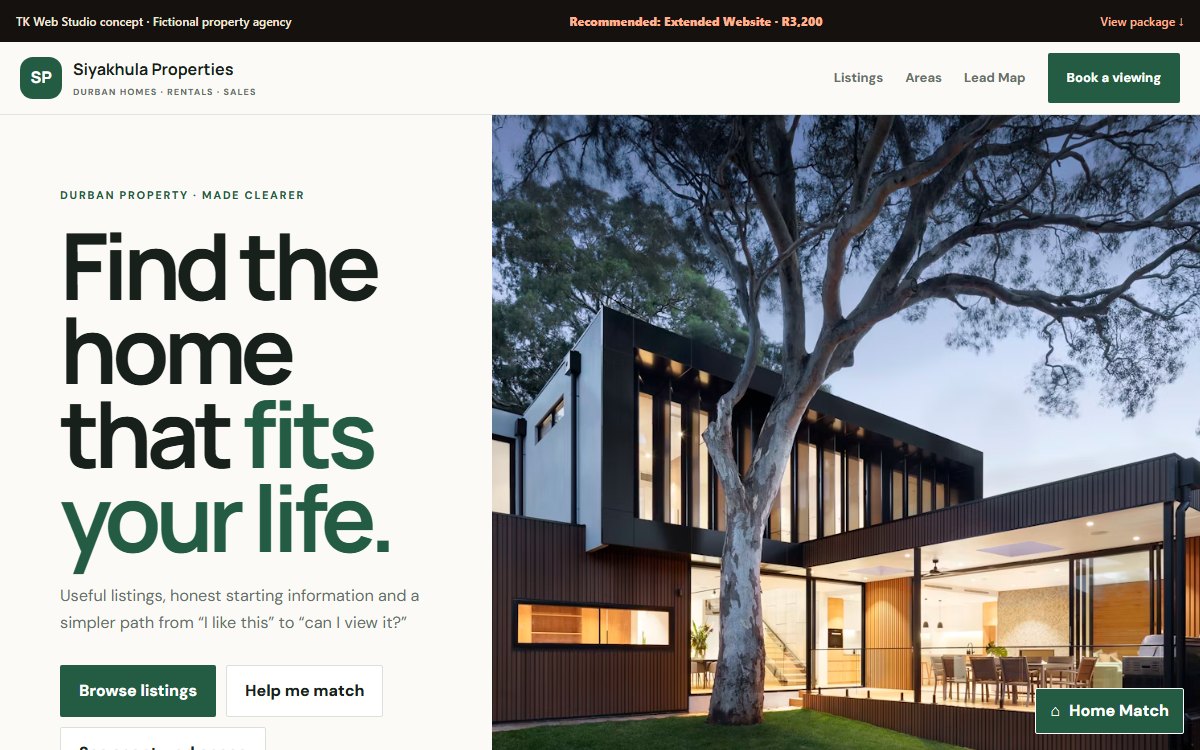 Real screenshot of the Siyakhula Properties concept website
