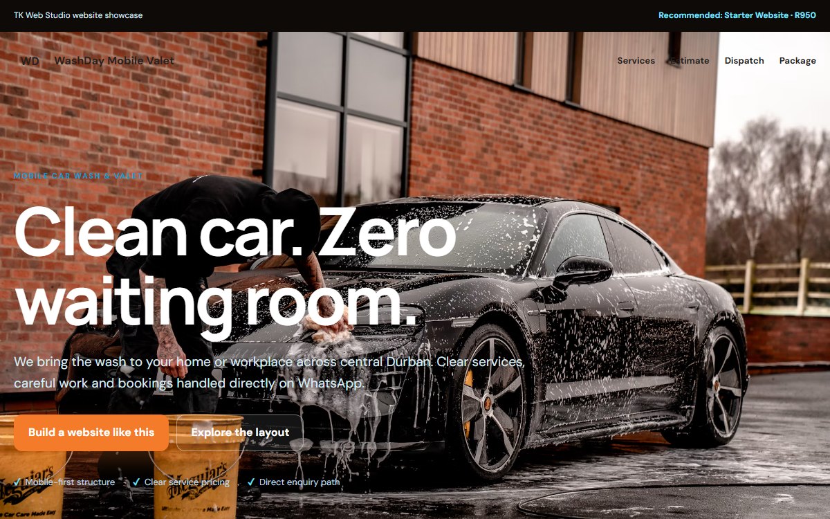 Real screenshot of the WashDay Mobile Valet concept website