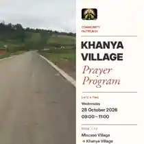 Cropped contact-free Khanya Village prayer programme poster design, with the real road photograph supplied for the brief.
