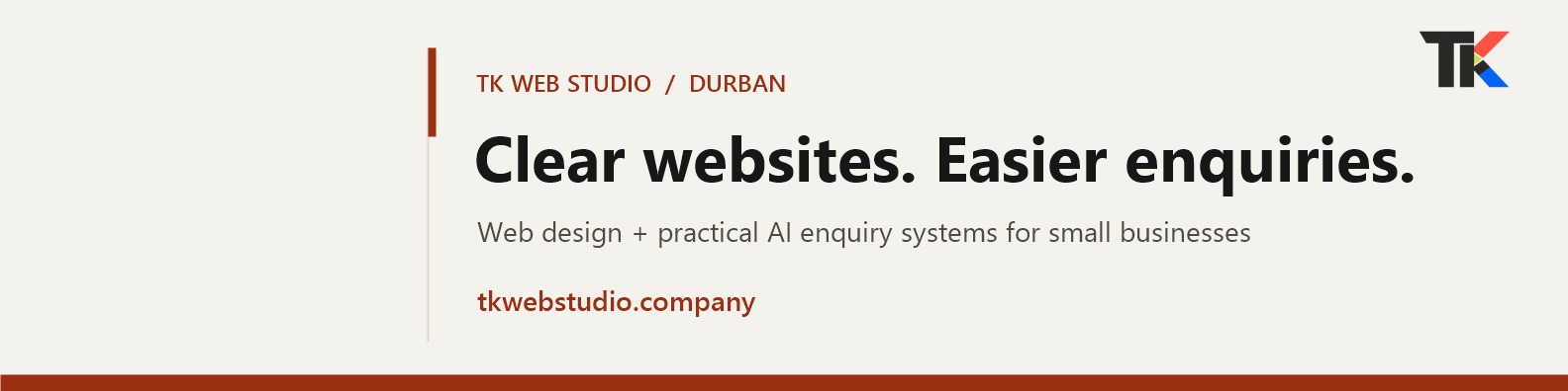 TK Web Studio's own LinkedIn cover graphic with the headline Clear websites. Easier enquiries. and the studio website.